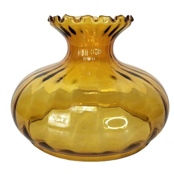 Vintage MCM Amber Ribbed Glass Empoli Ruffled Edge Hurricane Parlor Lampshade - Picture 3 of 11
